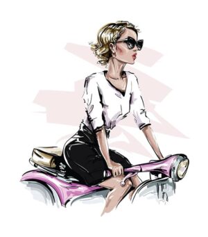 وکتور دختر جوان سوار موتورسیکلت - وکتور نقاشی دختر جوان سوار موتور وسپا
