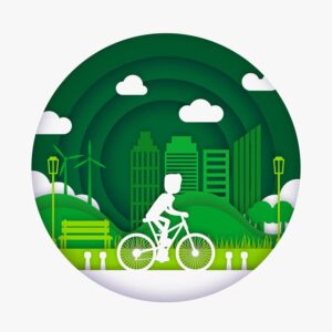 وکتور کاغذی و دایره های سبز از طبیعت سالم و حفظ محیط زیست با استفاده از دوچرخه سواری با پس زمینه از شهری سبز