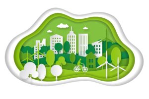 وکتور کاغذی و دایره های سبز از طبیعت سالم و حفظ محیط زیست با استفاده از دوچرخه سواری با پس زمینه از شهری سبز