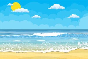 پس زمینه ساحل و دریا از نمای روبرو در ظهر آفتابی صاف با ابرهای سفید و امواجی که به ساحل میرسند