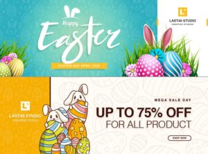 بنر تبلیغاتی با المانهای تخم مرغ رنگی، گل و خرگوش