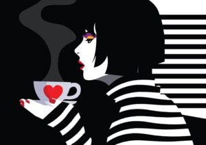 وکتور زن جوان و فنجان قهوه در دست، سبک هنر پاپ - مدلینگ