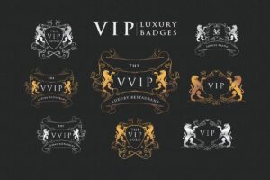 وکتور مجموعه بسیار شیک از لوگو و نشانهای VIP نقره ای و طلایی همراه شیرهای سلطنتی