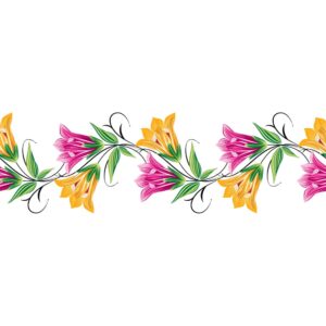 الگو، پترن افقی از گلهای شیپوری صورتی و زرد، جداکننده و مرزبندیهای رنگی