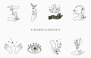 مجموعه لوگو دست و سمبلهای آیینی و جادو نقاشی شده دستی، مجموعه لوگوهای خطی و مینیمال