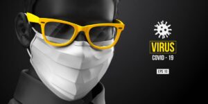 وکتور پس زمینه مرد با ماسک پزشکی و عینک زرد برای جلوگیری و ابتلا به ویروس کرونا
