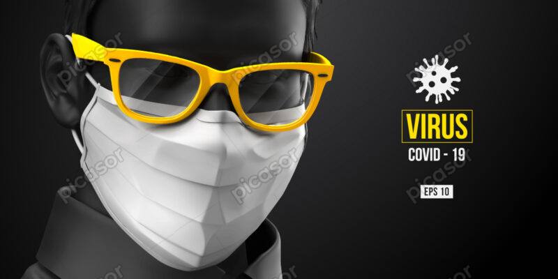 وکتور پس زمینه مرد با ماسک پزشکی و عینک زرد برای جلوگیری و ابتلا به ویروس کرونا