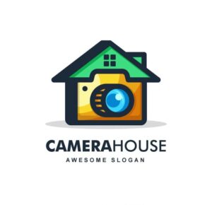 لوگو دوربین عکاسی به شکل خانه، مناسب شرکتها و آتلیه های عکاسی و فیلمبرداری