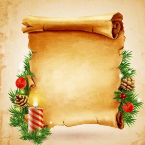 وکتور طومار کریسمس و کاغذ کهنه و قدیمی با المانهای شاخه کاج و شمع