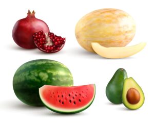 مجموعه وکتور میوه، هندوانه، آووکادو، خربزه و انار
