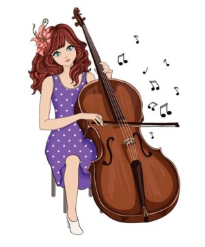 وکتور دختر نوجوان در حال نواختن ویولون سل، کارتونی و فانتزی