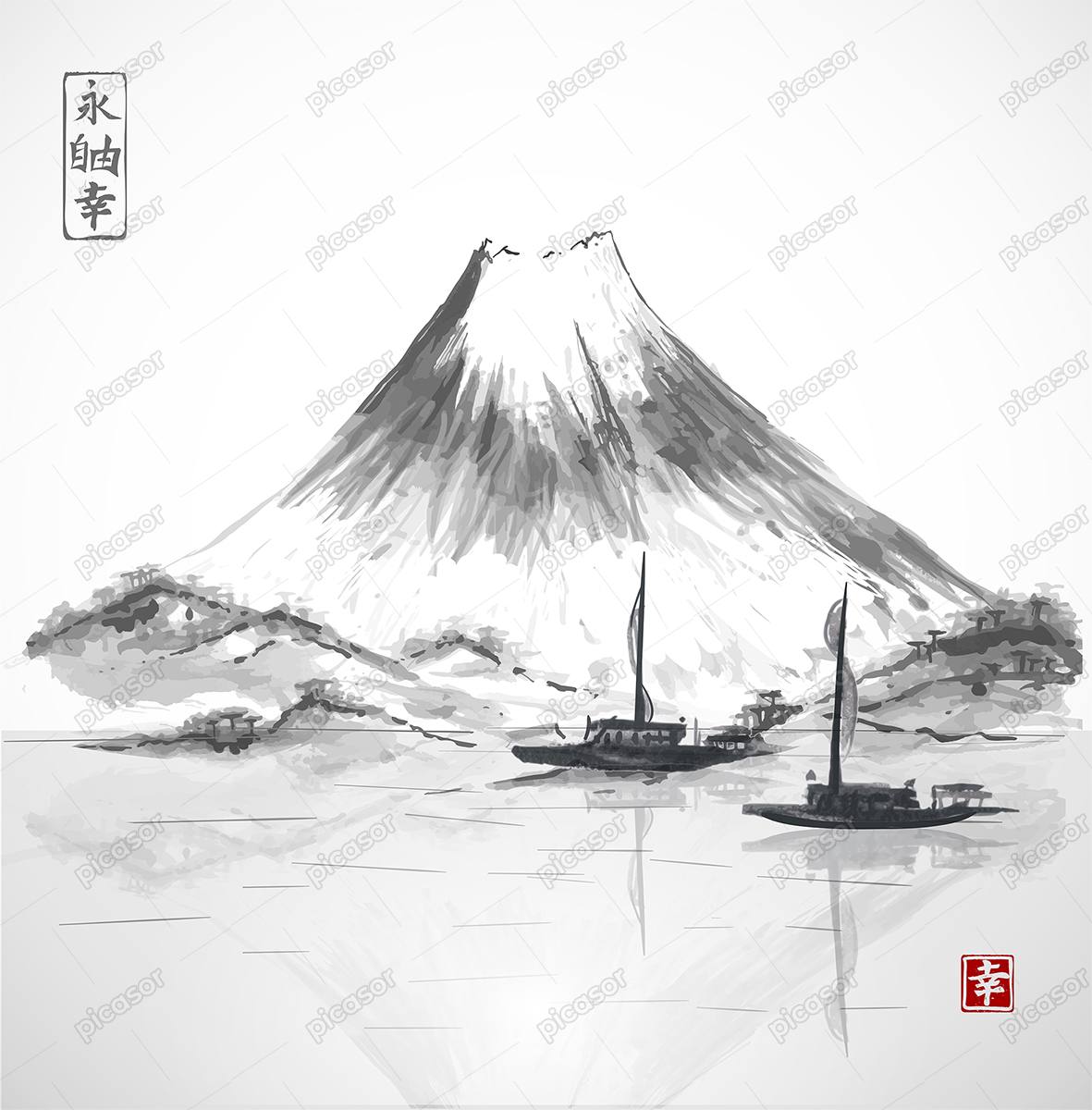 وکتور نقاشی کوه فوجی یاما ژاپن با قایقهای روی دریاچه،هنر نقاشی آبرنگ ژاپنی