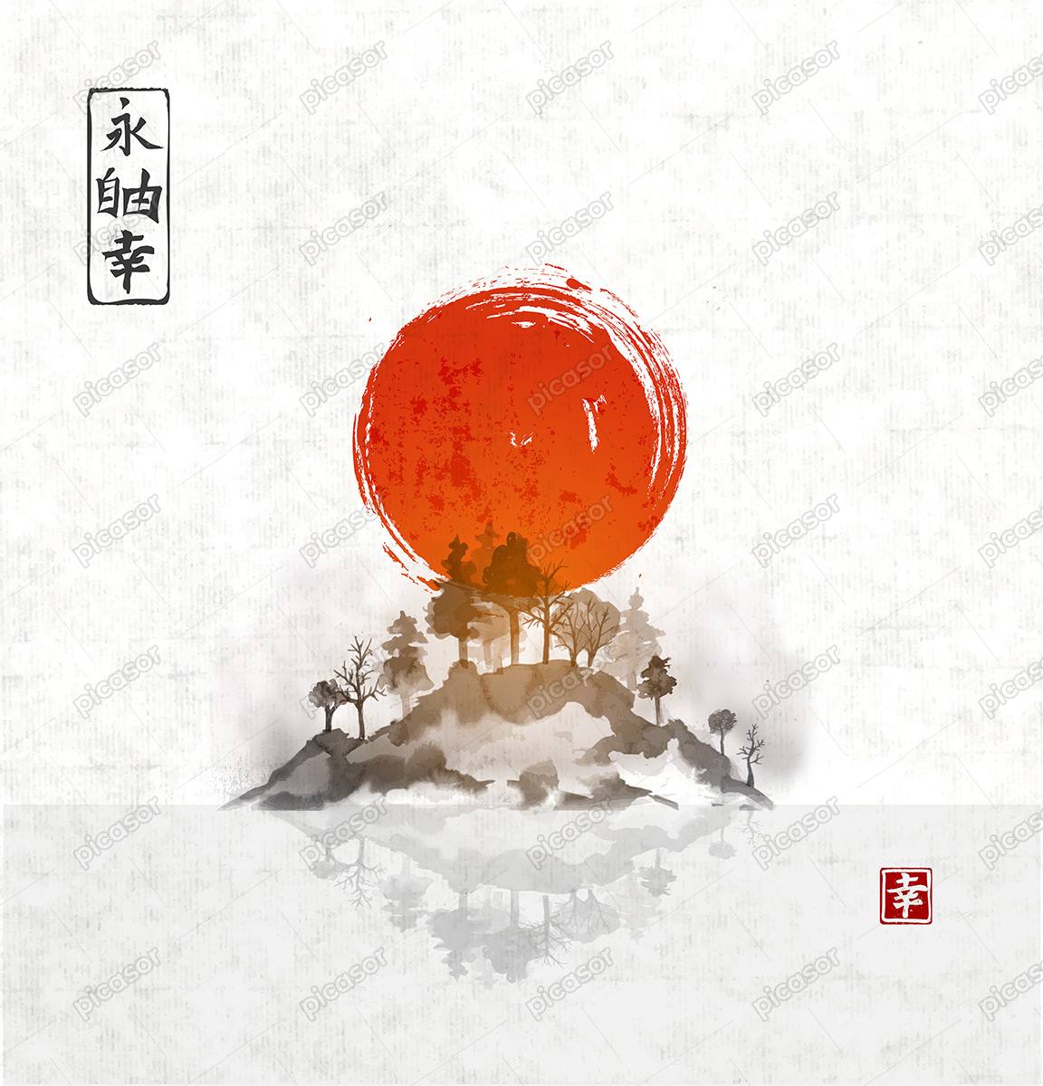 وکتور نقاشی کوه و جنگلهای ژاپن  و خورشید سرخ در پس زمینه،هنر نقاشی ژاپنی