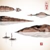 وکتور نقاشی کوه و دریای ژاپن با المانهای صخره و قایق های چوبی،هنر نقاشی ژاپنی