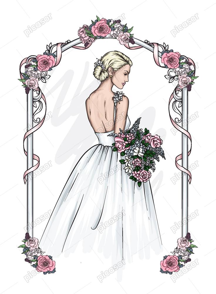 وکتور عروس و دسته گل عروس با گلهای رز صورتی