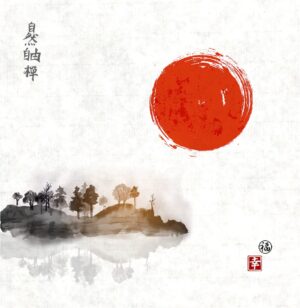 وکتور نقاشی کوه و جنگلهای ژاپن و خورشید سرخ در پس زمینه،هنر نقاشی ژاپنی