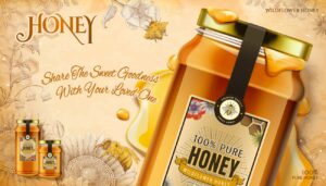 وکتور ظرف و شیشه عسل به همراه موم و زنبور عسل، وکتور لیبل و برچسب عسل