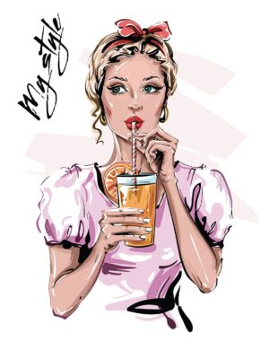 وکتور نقاشی دختر جوان با لباس صورتی در حال نوشیدن لیوان آب پرتقال