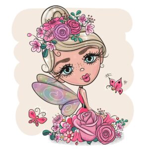 وکتور دختربچه کوچولو بالدار کارتونی با گلهای بنفش و صورتی