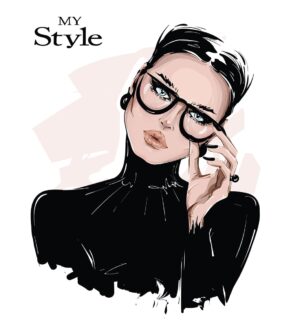 وکتور نقاشی زن جوان با لباس مشکی و عینک مدلینگ