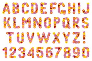 وکتور اعداد لاتین و وکتور حروف لاتین انگلیسی با گلهای رنگی