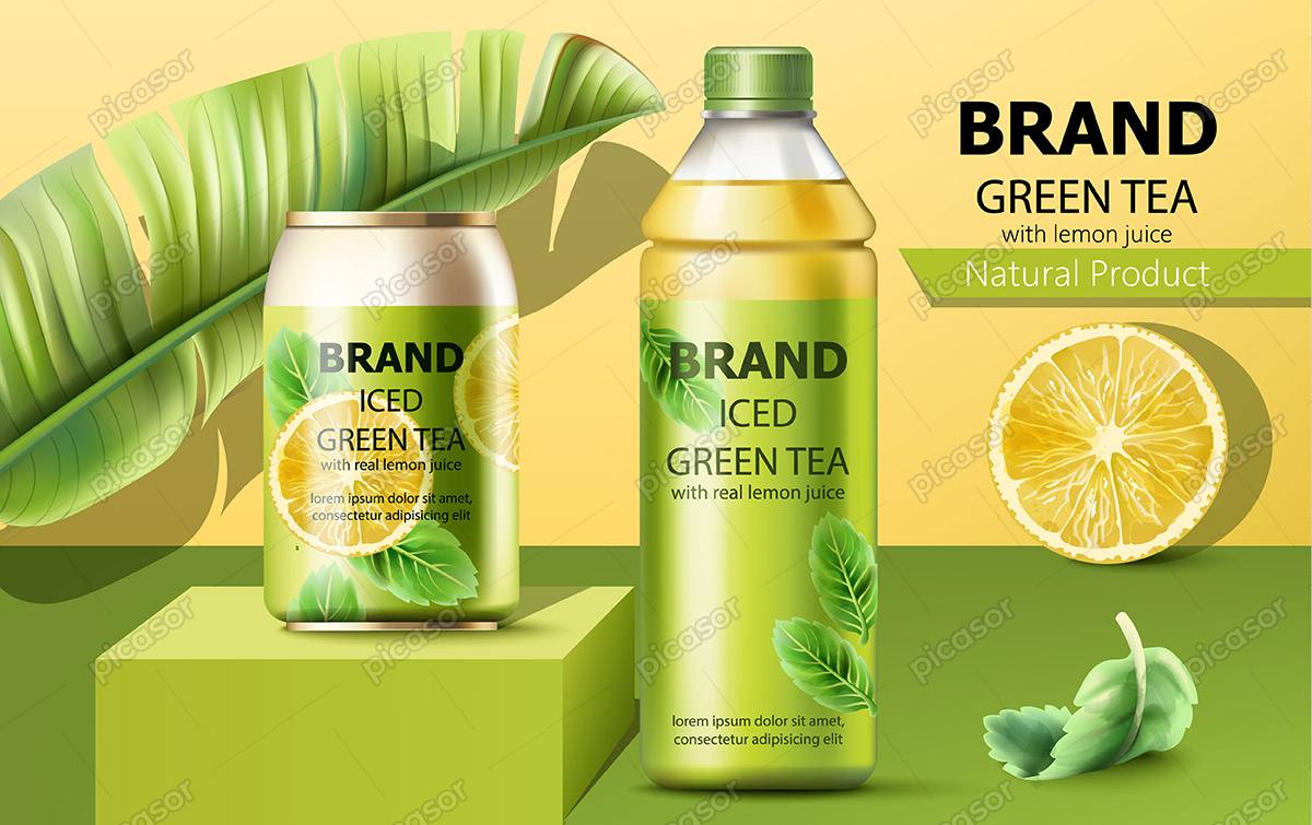 وکتور بطری لیموناد قوطی چای سبز سرد و تبلیغ نوشیدنی  با المانهای قالب یخ و لیمو