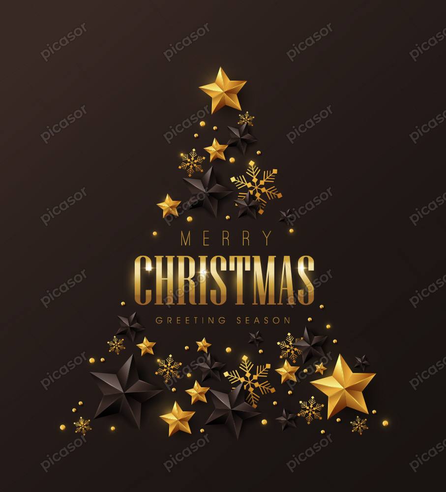 وکتور ستاره و برف طلایی – پس زمینه کریسمس ستاره و دانه برف های طلایی به شکل درخت مثلث