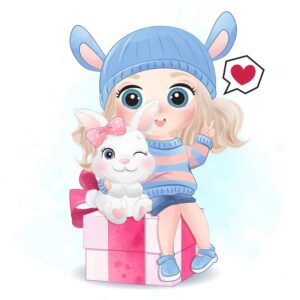 وکتور دختربچه و خرگوش سفید- وکتور دختربچه نقاشی آبرنگی با المانهای بچه خرگوش و جعبه هدیه