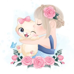 وکتور دختربچه و گربه زرد- وکتور دختربچه نقاشی آبرنگی با المانهای بچه گربه و گلهای رز صورتی
