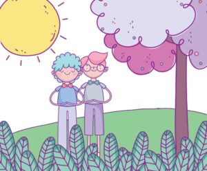 وکتور ایلوستریشن پسر – وکتور 2 دوست پسر در جنگل با المانهای آسمان خورشید درخت و بوته