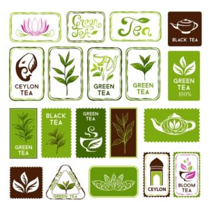 19 وکتور برچسب لیبل چای سمبلهای مربوط به چای سیلان لیبل برگ چای و فیل هندی قوری چای