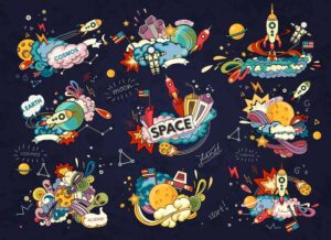 9 وکتور کارتونی فضانورد، فضاپیما، فضا، سیاره ها و طرح مصور فضایی