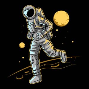 وکتور فضانورد در حال دویدن و کره ماه در پس زمینه