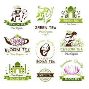 9 وکتور برچسب لیبل چای سمبلهای مربوط به چای سیلان و لیبل مزرعه چای، لیبل برگ چای و فیل هندی