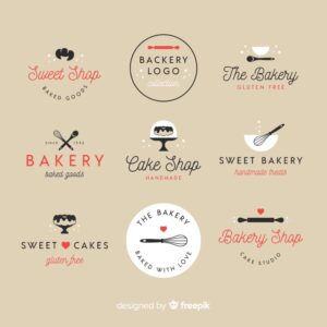 9 وکتور مینیمال لوگو شیرینی پزی و نانوایی با استفاده از لوازم کاربردی طرح ساده - برچسب شیرینی پزی و لیبل قنادی