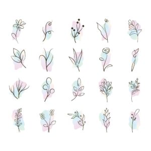 20 وکتور شاخه گل مینیمال نقاشی خطی زمینه لکه آبرنگی و نقاشی دستی از تک برگ و شاخه گل و گیاه