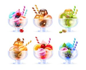 6 وکتور اسکوپ بستنی با انواع طعم ها در ظرف - وکتور بستنی با تکه های میوه