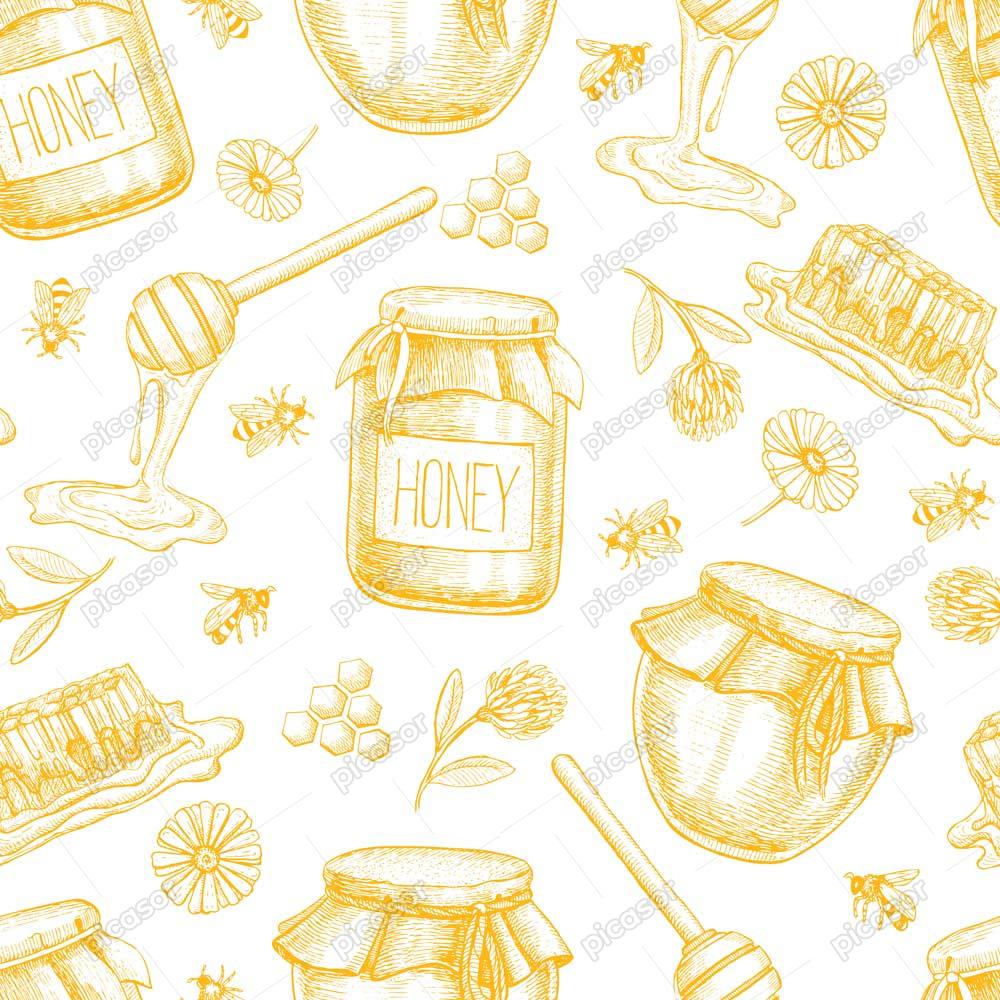 وکتور ظرف عسل با زنبور و گل – وکتور پس زمینه عسل و ظرف عسل