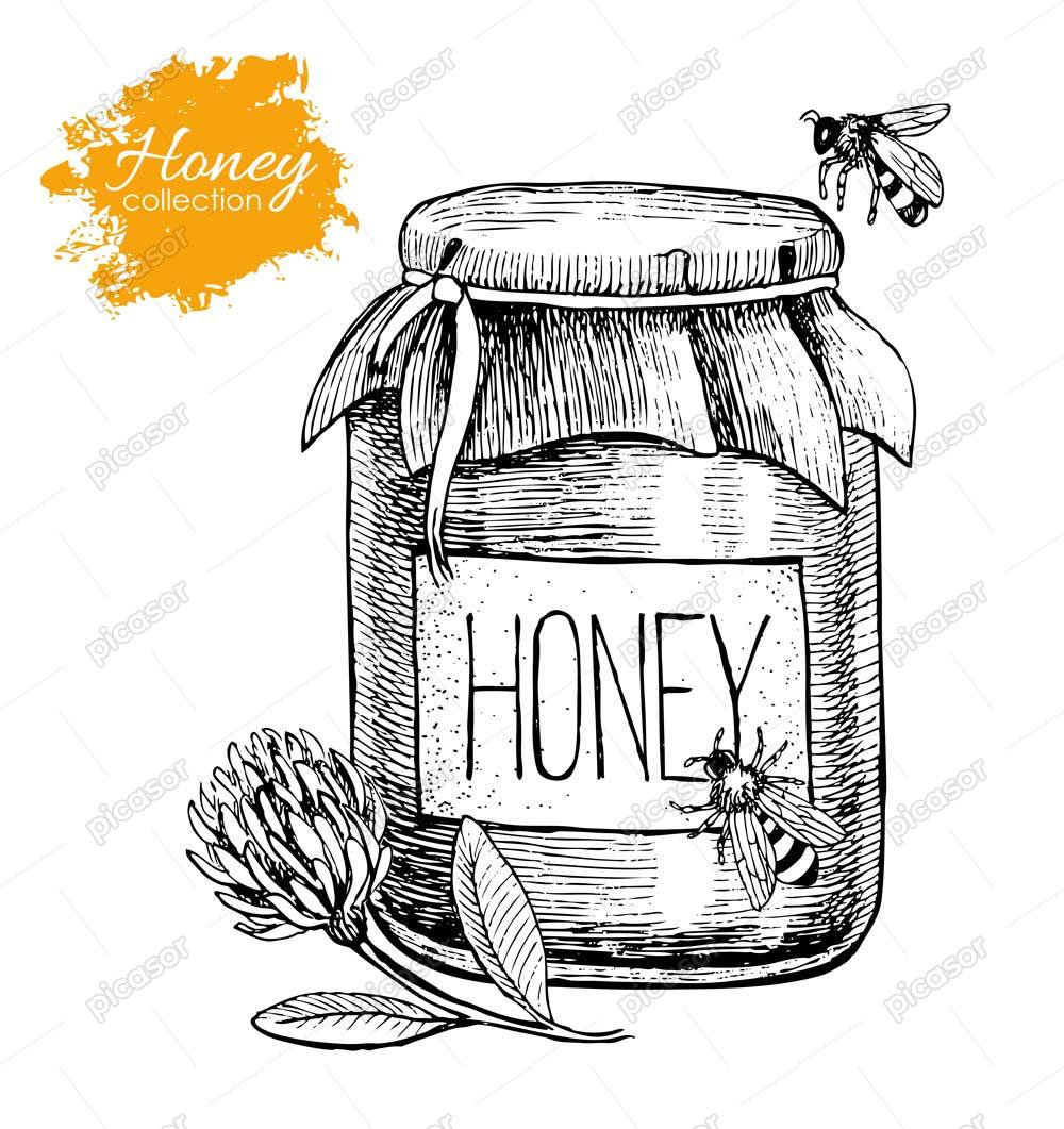 وکتور ظرف عسل با گل و زنبور – وکتور پس زمینه طرف عسل طبیعی