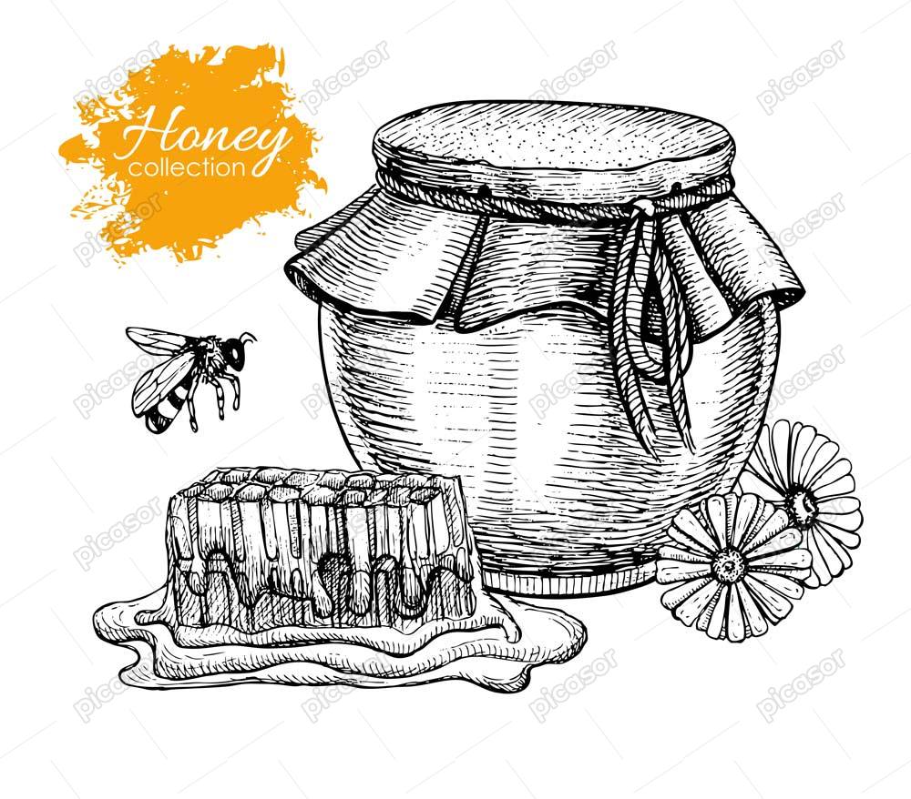 وکتور ظرف عسل به همراه موم عسل و زنبور عسل – وکتور پس زمینه ظرف عسل طبیعی