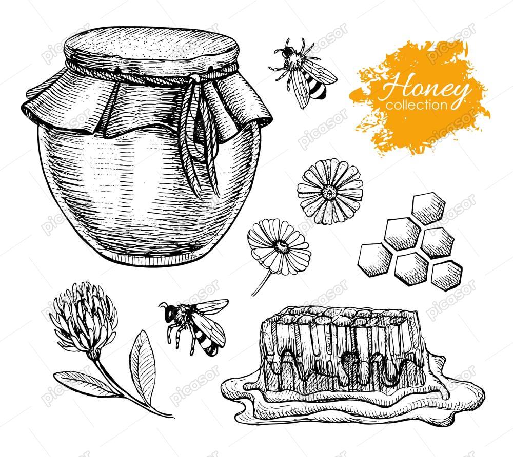 8 وکتور المانهای ظرف عسل به همراه زنبور عسل و موم عسل