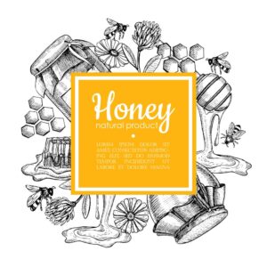 وکتور لیبل عسل طبیعی و زنبور عسل - وکتور پس زمینه عسل با زنبور و گل