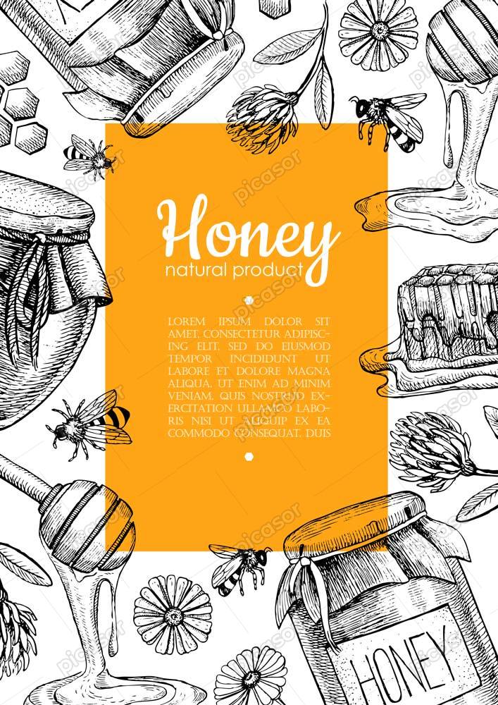 وکتور برچسب عسل طبیعی با ظرف عسل – وکتور پس زمینه عسل با زنبور عسل