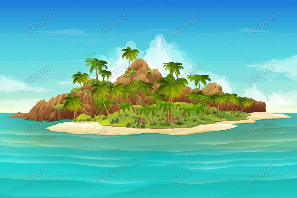 وکتور پس زمینه جزیره استوایی با درختان نخل و کوه – وکتور زمینه جزیره گرمسیری