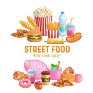 مجموعه وکتور غذاهای آماده و خیابانی - وکتور همبرگر هات داگ پشمک بستنی دنات