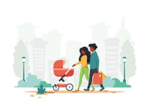 وکتور خانواده در پارک - وکتور پس زمینه زوج جوان همراه با نوزاد در کالسکه درحال قدم زدن در پارک