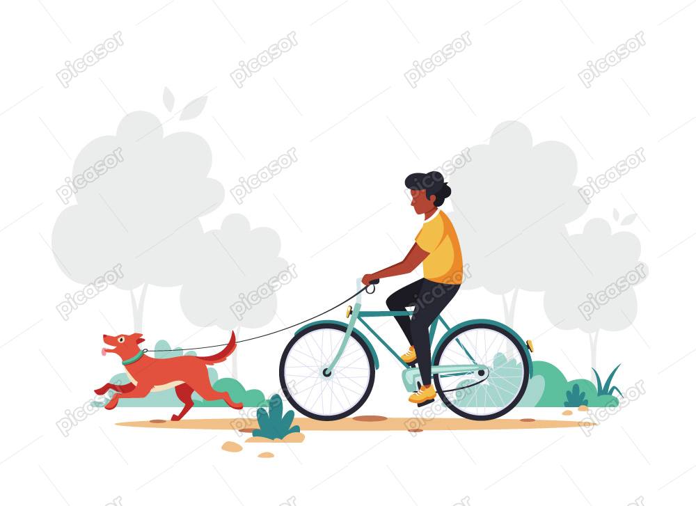 وکتور دوچرخه سواری در پارک – وکتور پس زمینه مرد درحال دوچرخه سواری با سگ در پارک