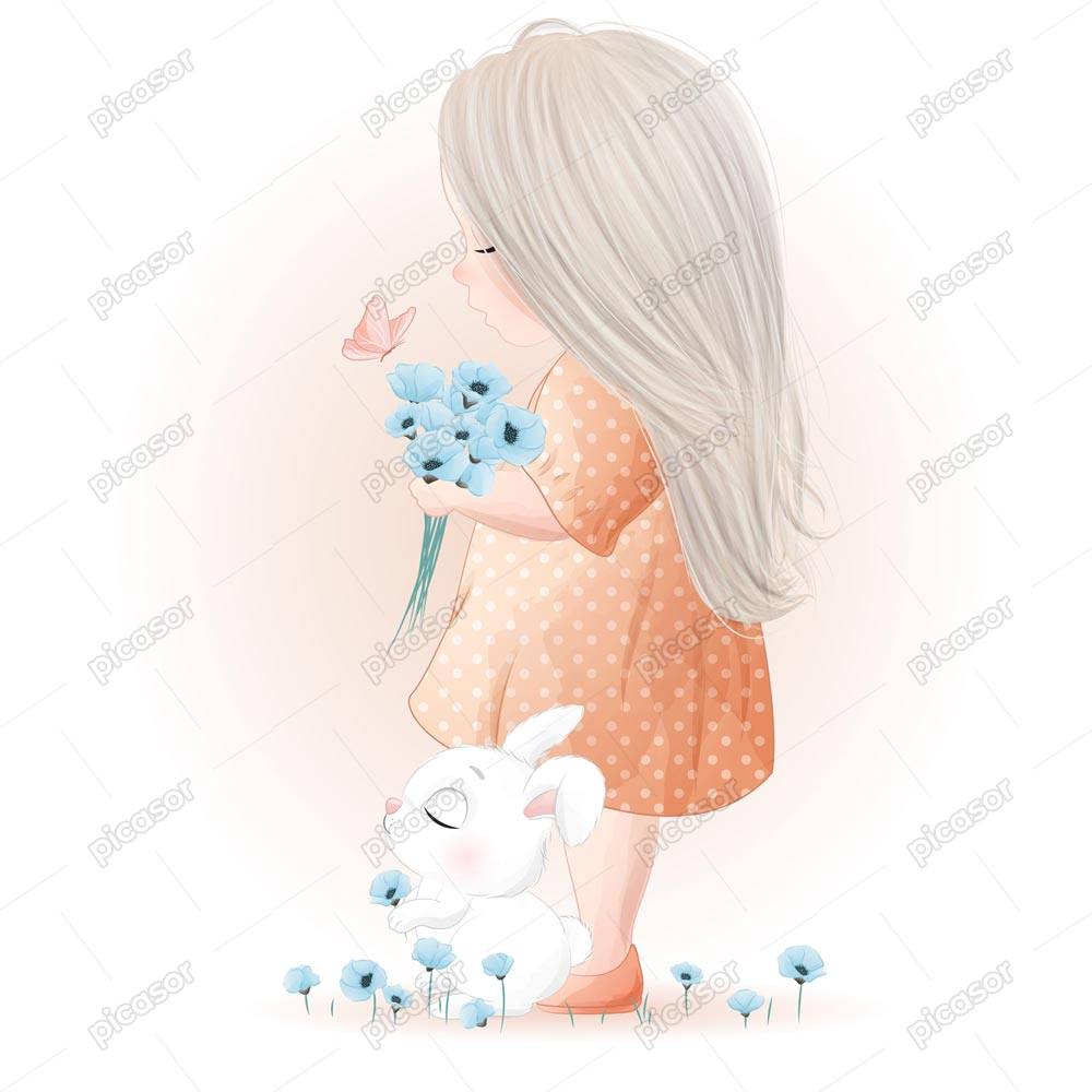 وکتور دختربچه با خرگوش سفید و دسته گلهای آبی در دست