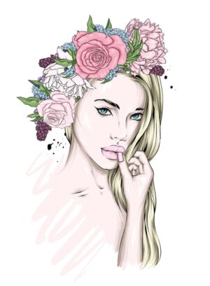 وکتور دختر جوان مدلینگ با تاج گل رنگی و استایل فشن - وکتور نقاشی تصویرسازی دختر