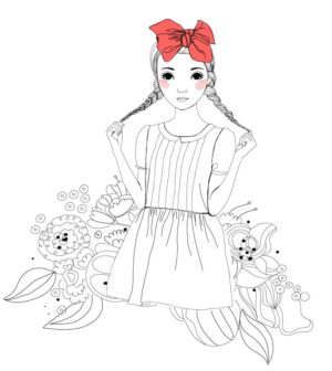وکتور نقاشی دختر نوجوان پاپیون قرمز بزرگ و موهای دوگوشی بلند - وکتور تصویرسازی دختر نوجوان فشن لباس و پاپیون بزرگ قرمز کنار گلهای طرح خطی